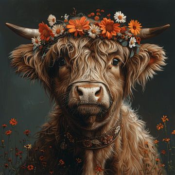 Vache Highland couronnée de fleurs - Une œuvre d'art charmante pour les amoureux de la nature sur Felix Brönnimann