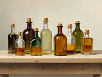 Bouteilles d'apothicaire classiques dans des tons chauds - nature morte sur bois