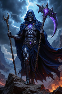 Dark Fantasy Wandbild: KRYVADOR – Der Sensenmann wandert nachts durch die Berge