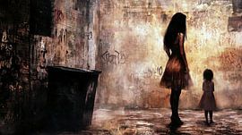 Mother and daughter in a dark alley by Frank Heinz