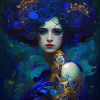 Woman in blue and gold