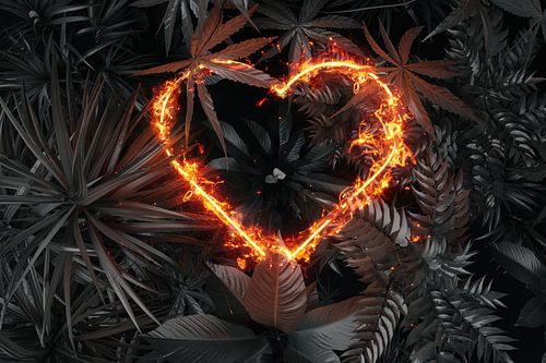 forme de cœur enflammé au-dessus de plantes tropicales