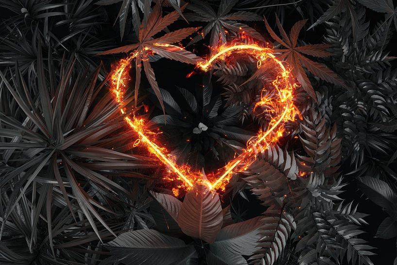 heart shape on fire over tropical plants by Besa Art