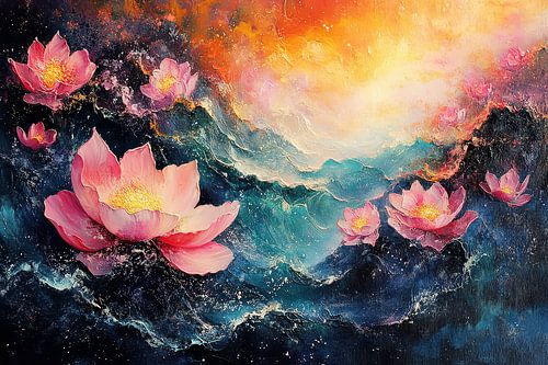 japanse schilderkunst  lotusbloemen drijven op het water