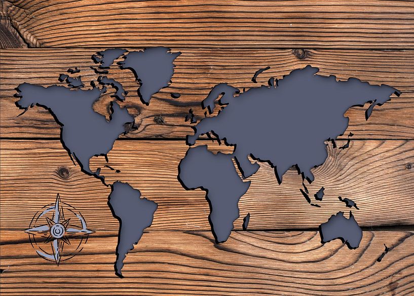 World Map on Wooden Background with Compass Rose by KalliDesignShop