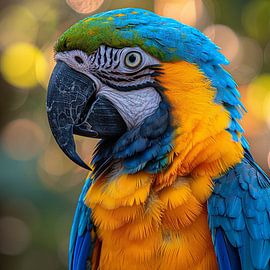 Nahaufnahme eines Blau-Gelb-Aras – Vogelfotografie von Rizwana Khan