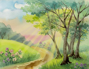 Frühlingslandschaft mit Weg im Aquarellen Kunstdruck,Malerei