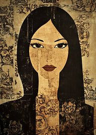 Starker Blick Frau auf Hintergrund von Kunst Laune