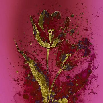 Modern bloem schilderij: Fuchsia/Rood met gouden Tulp van Studio Pieternel