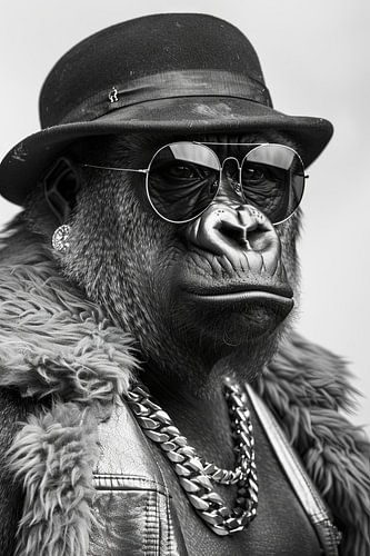 Modieus geklede gorilla met zonnebril en hoed