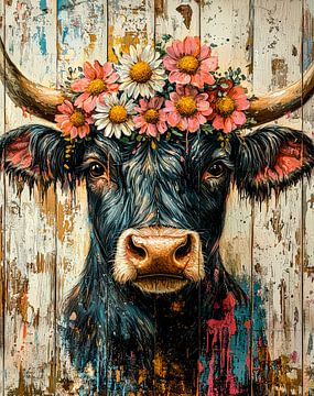 Koeienmelodie - bloemenmagie op hout van Klaus Tesching - Art-AI