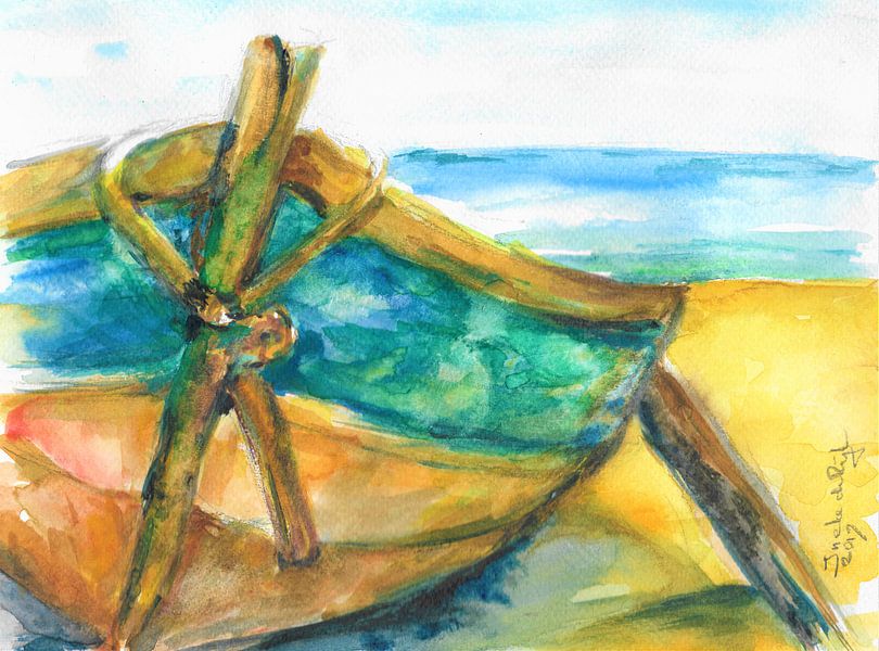Portugiesisches Fischerboot am Strand. von Ineke de Rijk