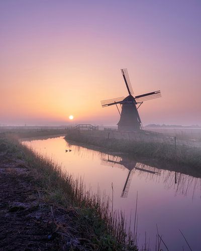 Sunrise at the Hempenserpolder mill during a foggy morning