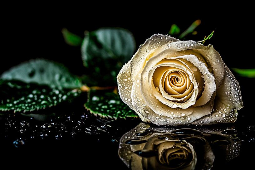 Elegant white rose with water drops by Imperial Art House