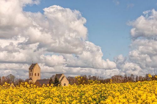 Kerkje Ransdaal door koolzaad en wolken omringd