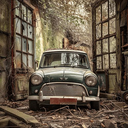 Lost Place Mini Cooper dark green rusted forgotten backyard