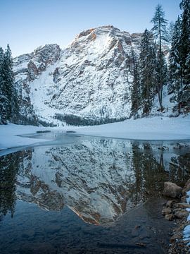 Verschneiter Berggipfel spiegelt sich bei Sonnenaufgang im Pragser Wildsee