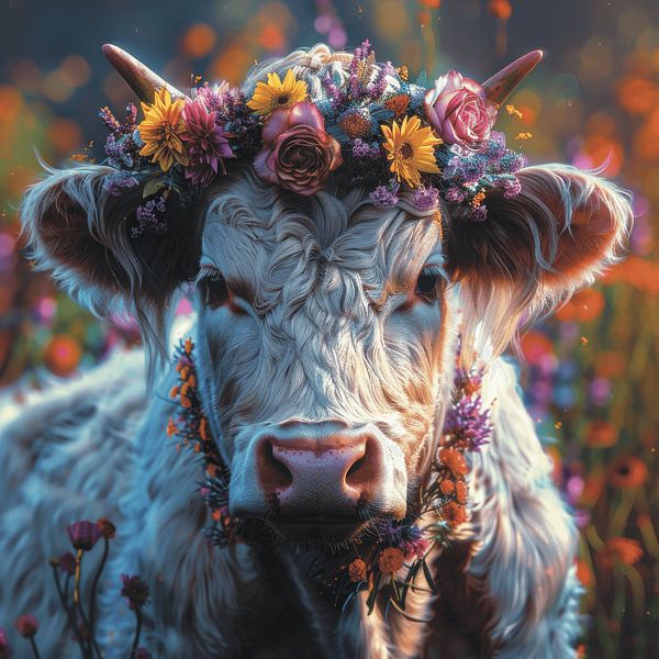 Floral splendour in the Black Forest: Cow with a wreath of flowers - Lively photography for lovers of the countryside by Poster Art Shop