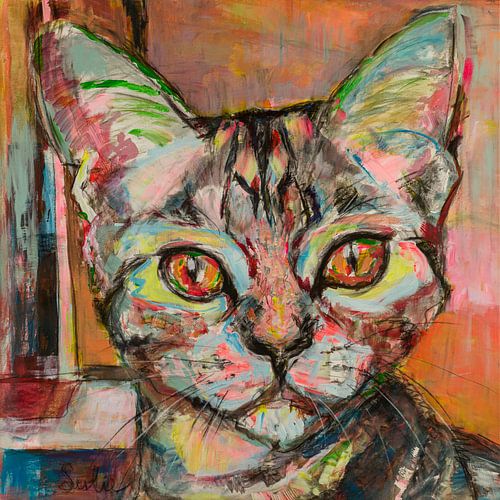 Painting of a cat - cat love by Paintings Liesbeth Serlie