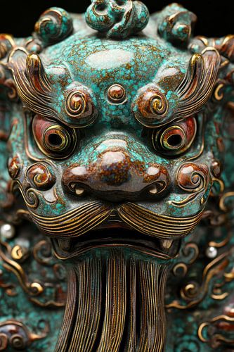 Groenblauwe Foo Dog beeldhouwwerk close-up