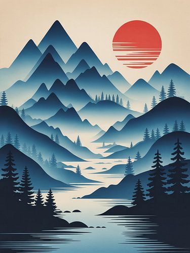 Een rustig Japans geïnspireerd landschap met nevelige valleien en stromend water