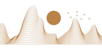 Mountain Landscape with Sun and Flying Birds