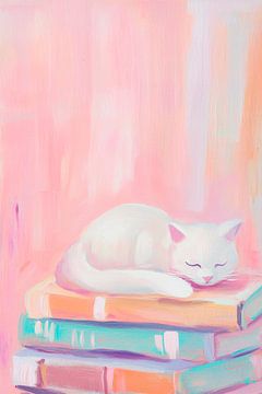 Slapende kat op boeken van Poster Art Shop