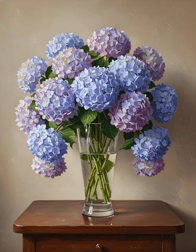 Hydrangea in a tall glass vase