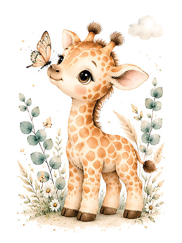 Niedliche Baby-Giraffe mit Schmetterling – Wandbild im Aquarellstil für das Kinderzimmer