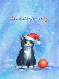 Kerstkatjes in de sneeuw met de tekst ‘Seasons Greetings’ van Karen Kaspar