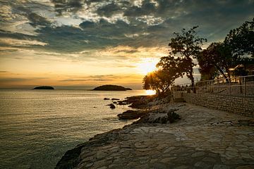 Coucher de soleil sur la plage en Croatie avec un ciel rouge et orange et un arbre solitaire sur ChrisWillemsen