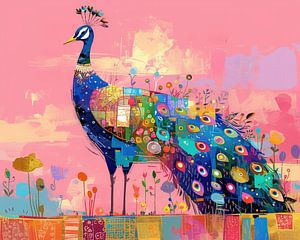 Peintures de paons - fleurs sous les plumes bleues
