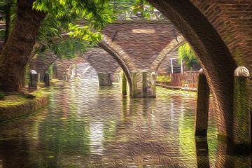 Zicht op de Hamburgerbrug, de Weesbrug, Smeebrug, Geertebrug en Vollersbrug in Utrecht (DIGITAL PAINTING) van André Blom Fotografie Utrecht