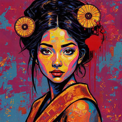 Modern pop-art portret van een Aziatische vrouw in felle kleuren