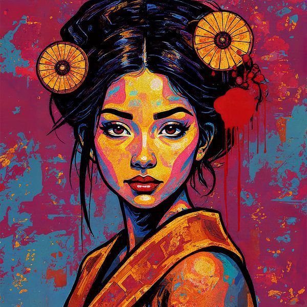 Modern pop-art portrait of an Asian woman in bright colours by Ljupka Kareska