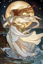 Tanzende Frau im Mondlicht am Strand im Stil von Alphonse Mucha
