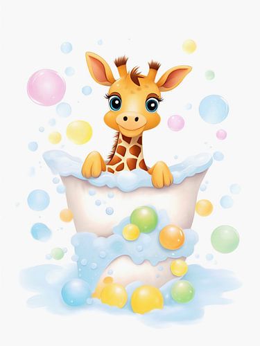 Girafje tussen de zeepbellen