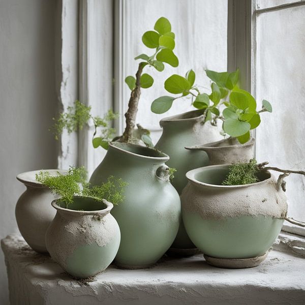 Vieux pots avec des plantes sur le rebord de la fenêtre par J.a Dijkstra