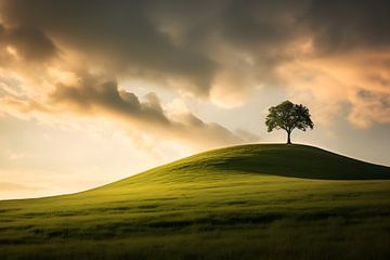 Eenzame boom bovenop groene heuvel van Visuals by Justin