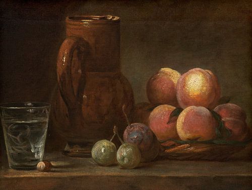 Stilleven. Fruit, kruik en glas (ca. 1726-1728) van Jean Siméon Chardin.