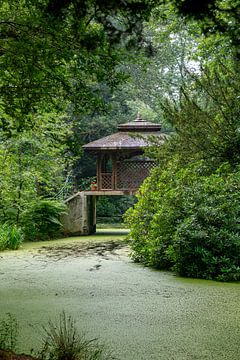 une maison en bois dans un parc sur un pont au-dessus de l'eau dans un paysage verdoyant