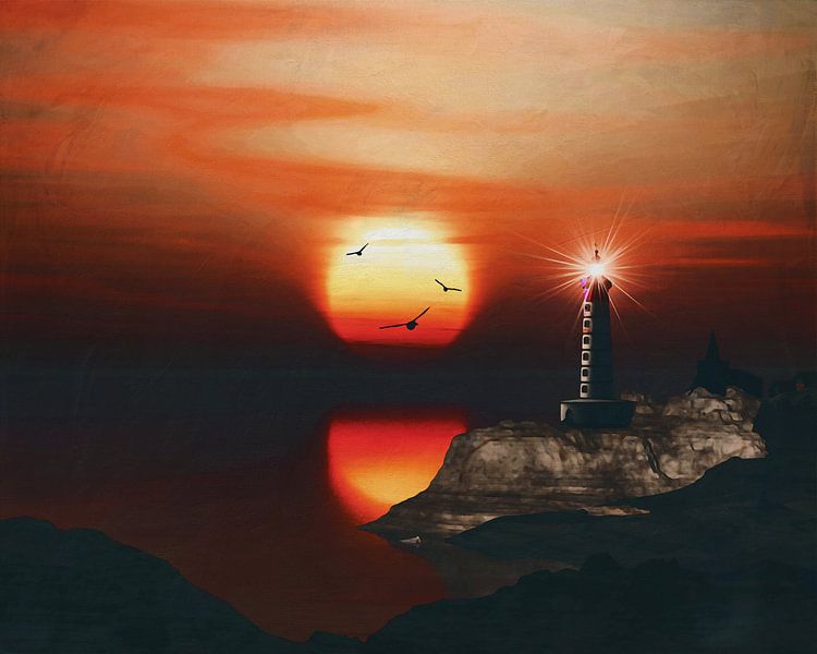 De vuurtoren van St Mathieu met zonsondergang en wolken van Jan Keteleer