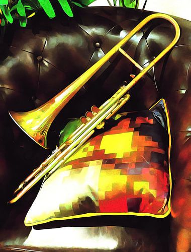 Trombone op stoel met sierlijk kussen
