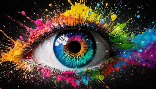 un œil coloré avec des éclaboussures de peinture sur un fond noir