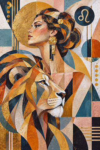 Celestial Lion with beautiful woman Painting – Leo Zodiac Astrology