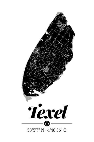 Texel | Artistieke landkaart | Eilandsilhouet | Zwart en wit van ViaMapia