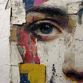 Woman portrait painted in colourful close-up by Blues & Hues
