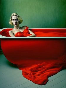 Surreal blonde Frau rotes Kleid rote Wanne ruhend Dramatik