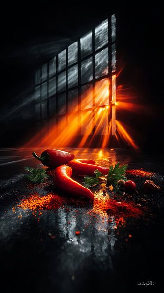 rote Paprika - Knoblauch - Limette - Zitrone auf schwarzem Hintergrund mit dramatischem Licht von Gelissen Artworks
