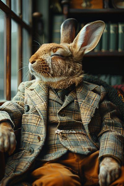 Hase im Tweed-Anzug auf antikem Stuhl von Art & Soul Creations